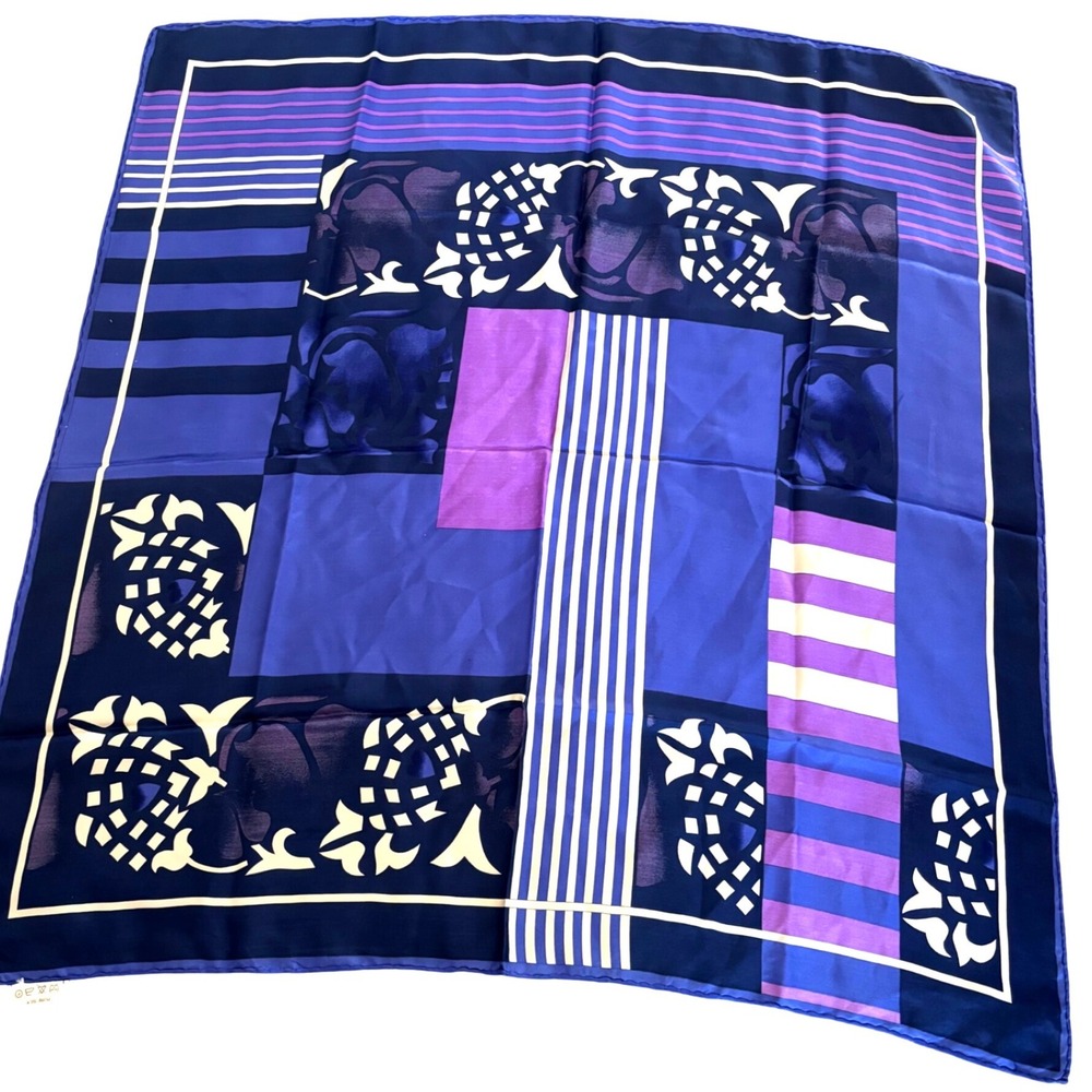 Marja Kurki Helsinki Finland Pure Silk Scarf Blue Purple Geometric Floral 34x34